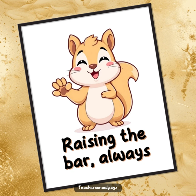 Funny Free Printable Wall Art: Beaming kawaii squirrel raising its paw, ready to answer, quirky downloadable art.