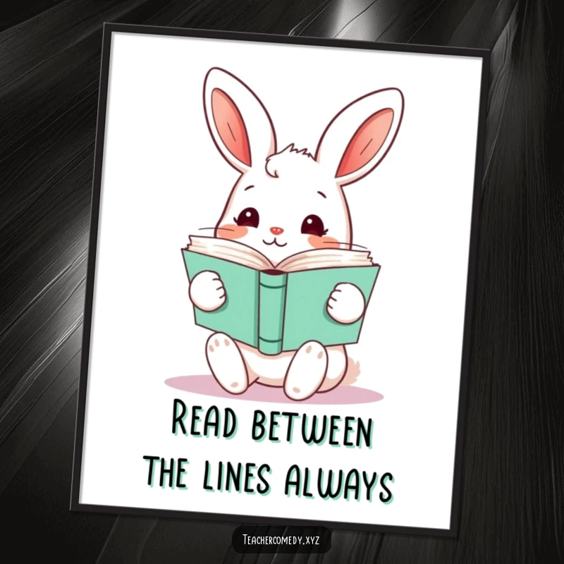 Funny Free Printable Wall Art: A curious kawaii rabbit holds a tall stack of open books, inviting exploration. Downloadable.