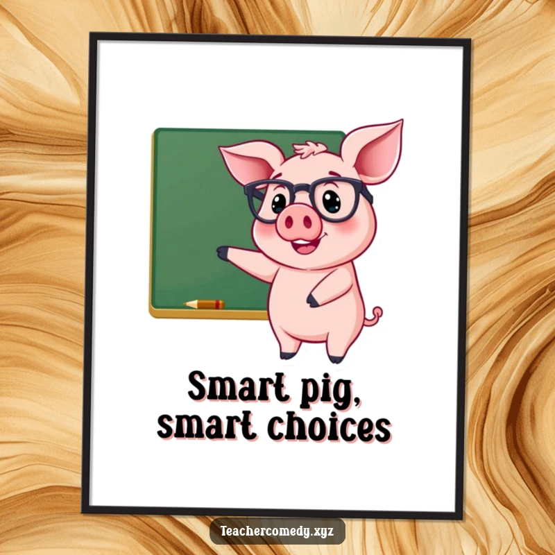 Funny Free Printable Wall Art: Cheerful pig wearing glasses, pointing at a chalkboard with a smile, educational and humorous decor.