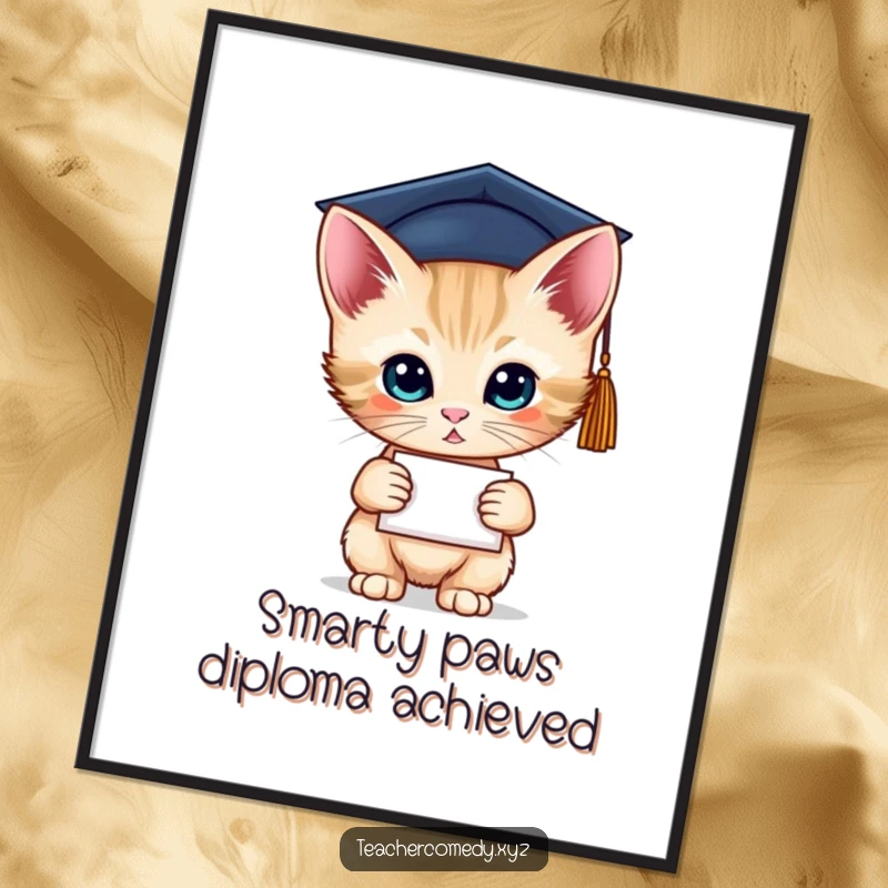 Funny Free Printable Wall Art of an intelligent kitten wearing a graduation cap and holding a diploma, celebrating scholastic success.