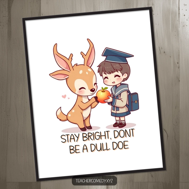 Funny Free Printable Wall Art featuring a friendly deer sharing a glowing apple with a student, a whimsical and educational scene.