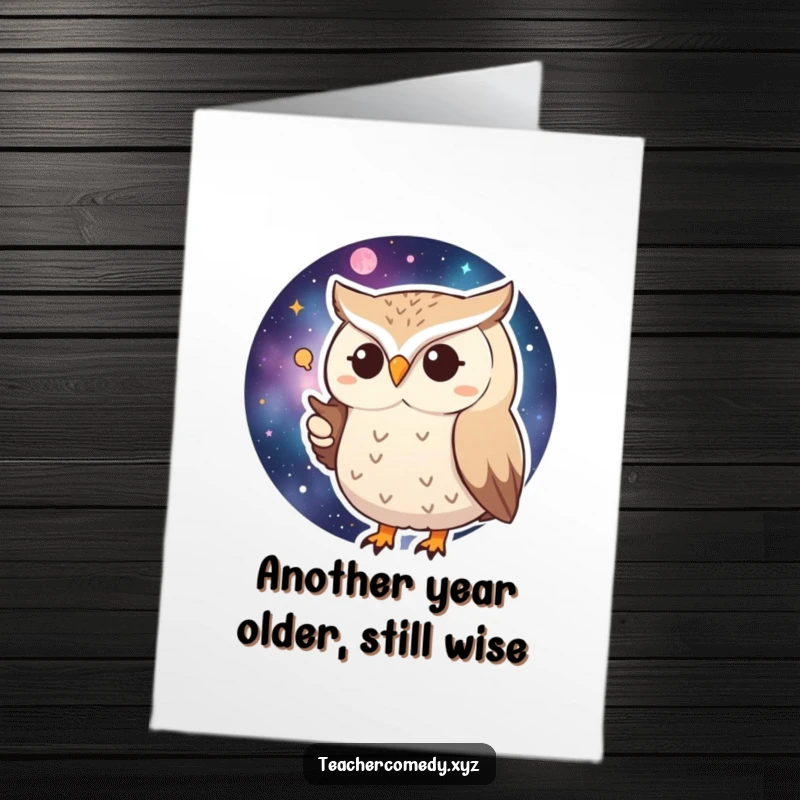 Funny Free Printable Birthday Card: Huffy owl with a determined gaze points at a galaxy map, ready for adventure.
