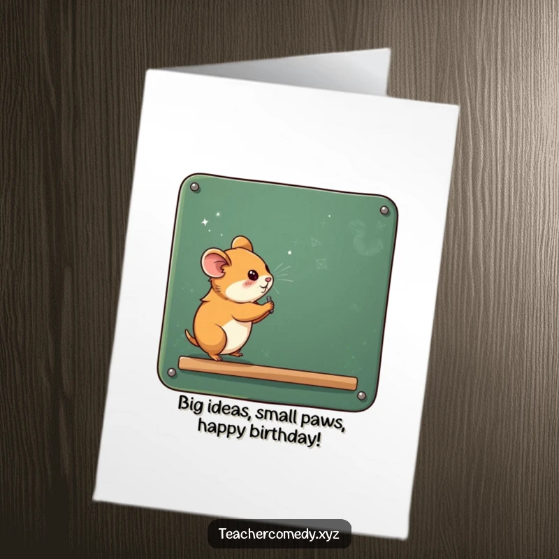 Funny Free Printable Birthday Card: Curious hamster scribbling on a giant chalkboard, covered in chalk dust, ready to send laughs.