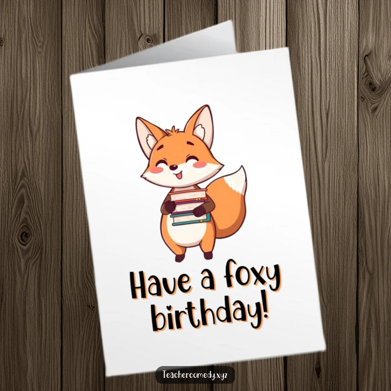 Funny Free Printable Birthday Card: Happy fox holds books, pointing to birthday wishes.