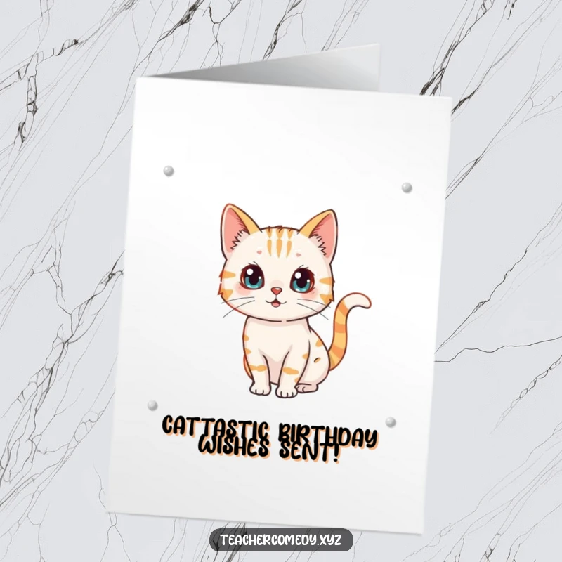 Funny Free Printable Birthday Card: A curious cat with a paintbrush, drawing on a whiteboard with its tail wagging excitedly.