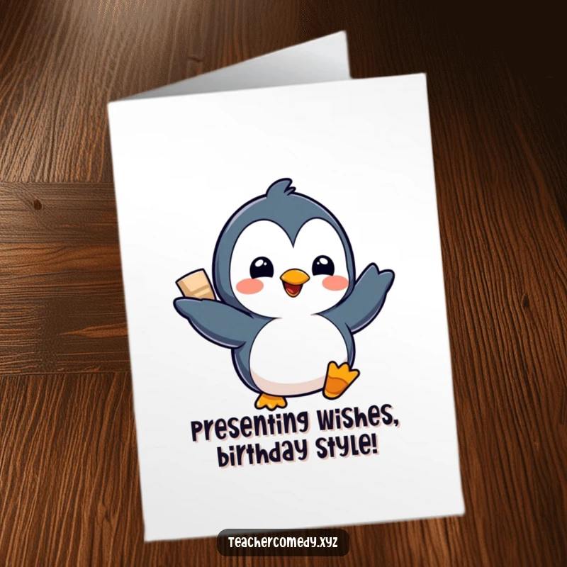 Funny Free Printable Birthday Card featuring a cute kawaii penguin proudly presenting a project with a big smile and flourish.