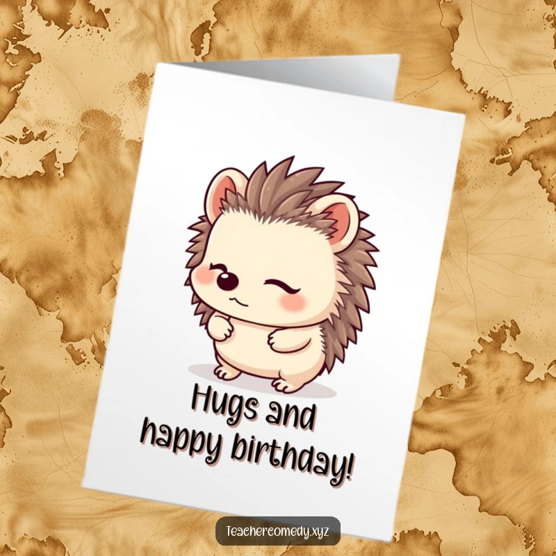 Funny Free Printable Birthday Card featuring a cute kawaii hedgehog listening intently with its ears perked up.