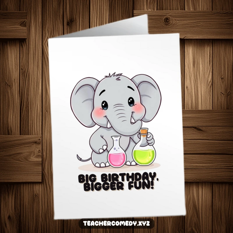 Funny Free Printable Birthday Card: A happy elephant with a lab coat, smiling while demonstrating a science experiment with a bubbling flask.