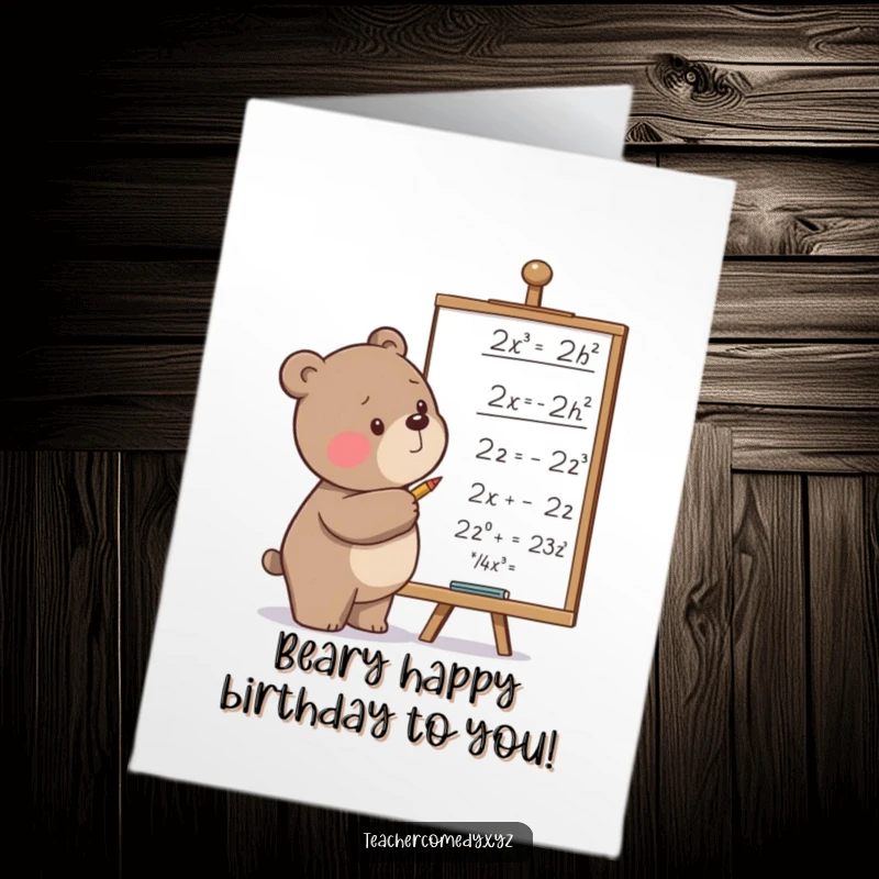 Funny Free Printable Birthday Card: Determined bear scribbling complex equations on a whiteboard, perfect for a smarty pants.