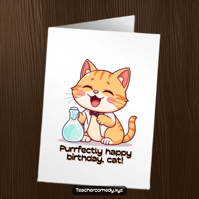 Funny Free Printable Birthday Card: Giggling cat demonstrating a bubbling beaker science experiment, perfect for a curious cat lover.