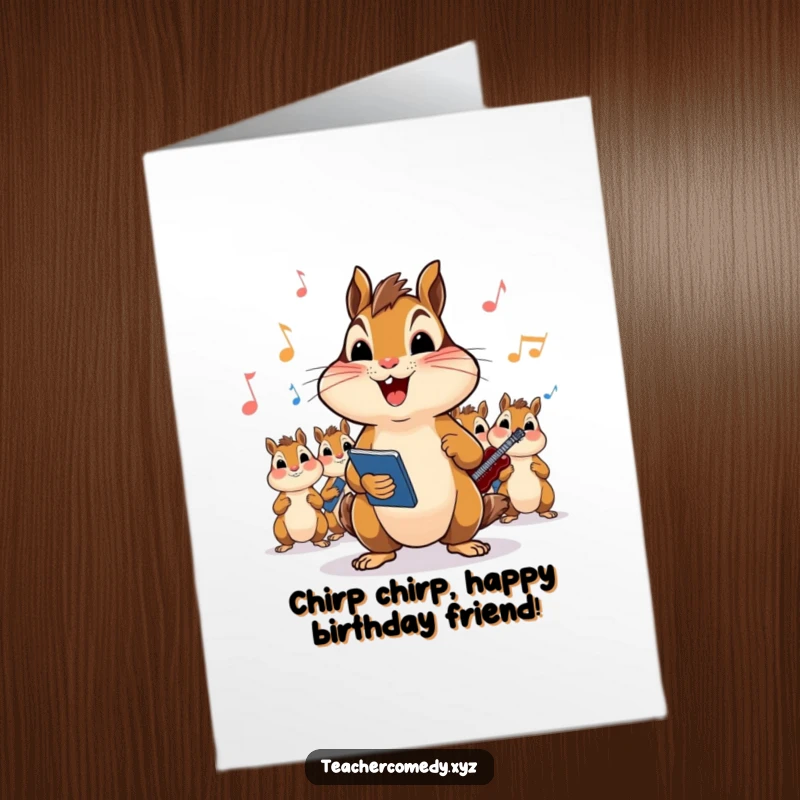Funny Free Printable Birthday Card: Determined chipmunk leader belting out a tune with cheerful students.