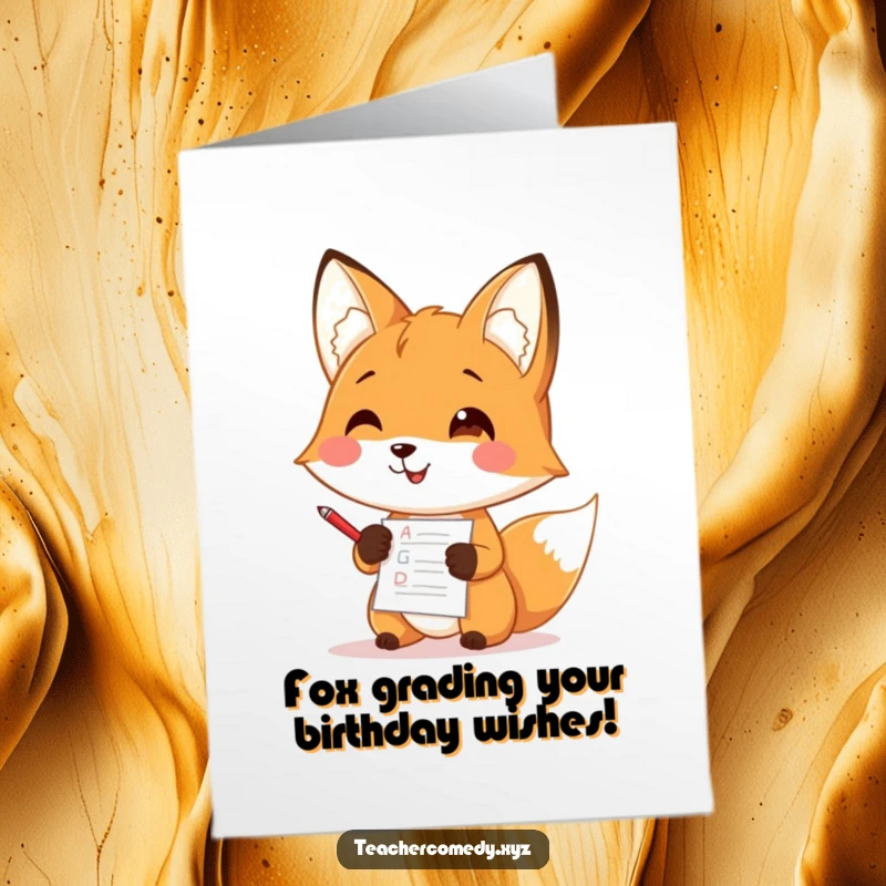Funny Free Printable Birthday Card: A happy fox teacher with a tiny red pen grading papers with a stern but amused expression.