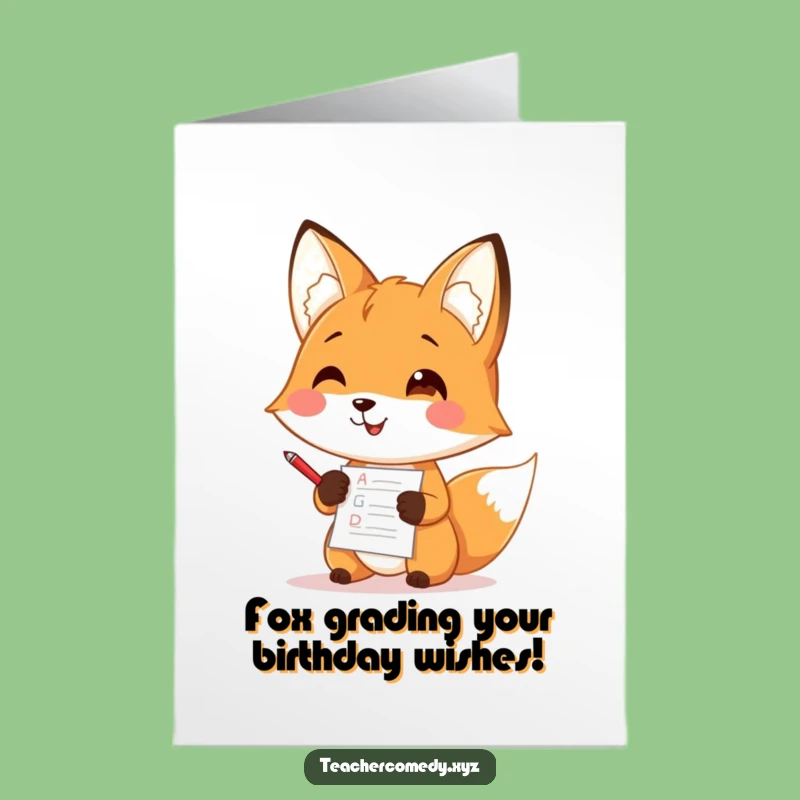Free Printable Birthday Card: Funny Fox Teacher Grading Papers - Hilarious Downloadable Gift