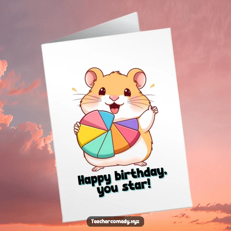 Funny Free Printable Birthday Card: A hamster enthusiastically presents a colorful pie chart, celebrating data and birthdays.