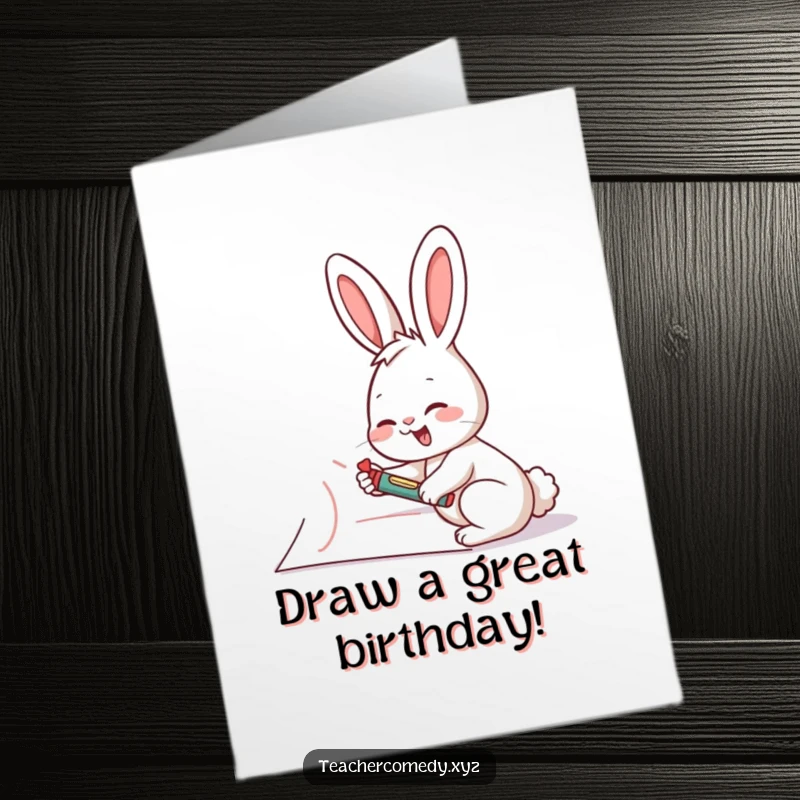 Funny Free Printable Birthday Card: A giggling rabbit cheerfully draws big birthday wishes with a crayon on giant paper.