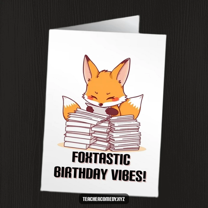 Funny Free Printable Fox Birthday Card: Determined fox organizing papers, perfect for a neat birthday.