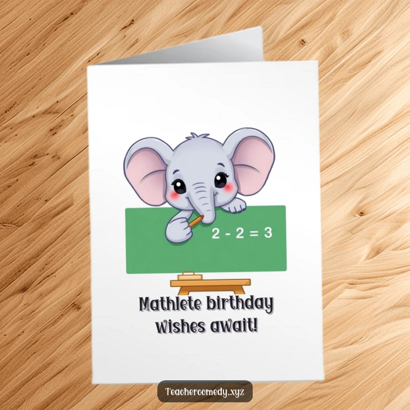 Funny Free Printable Elephant Card: Smiling elephant points to math equation on blackboard, perfect for birthday wishes.