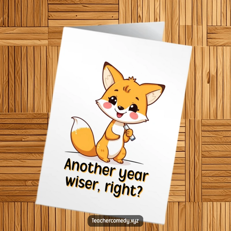 Funny Free Printable Birthday Card: Kawaii fox joyfully writing on a whiteboard, offering a humorous downloadable greeting.
