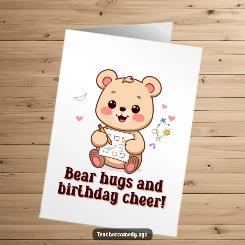 Funny free printable birthday card with a happy kawaii bear cheerfully drawing a colorful diagram on paper.