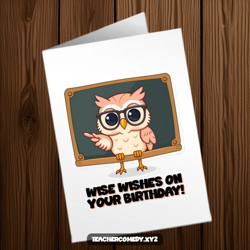 Funny Free Printable Birthday Card: Wise owl in spectacles points at chalkboard, sharing birthday wisdom with a knowing wink.