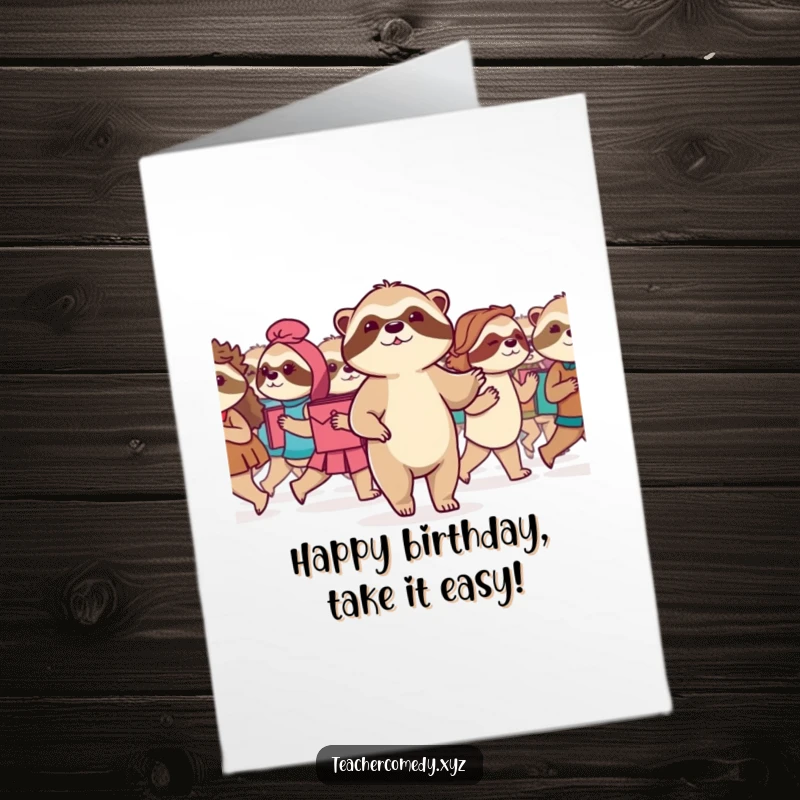 Funny Free Printable Birthday Card: A serene sloth leads a slow march, embodying a hilariously steady approach to birthday celebrations.
