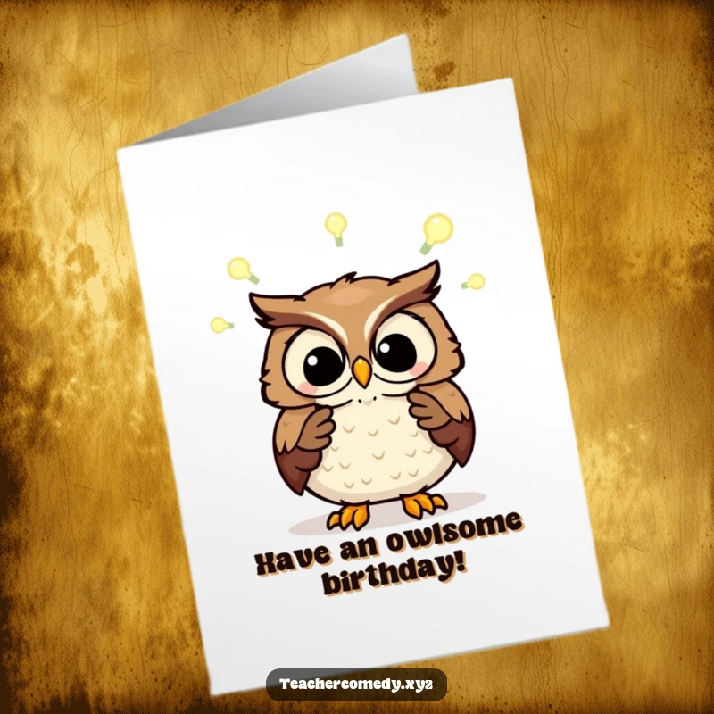 Funny Free Printable Birthday Card featuring a wise owl explaining a concept with glowing light bulbs above its head, symbolizing knowledge.