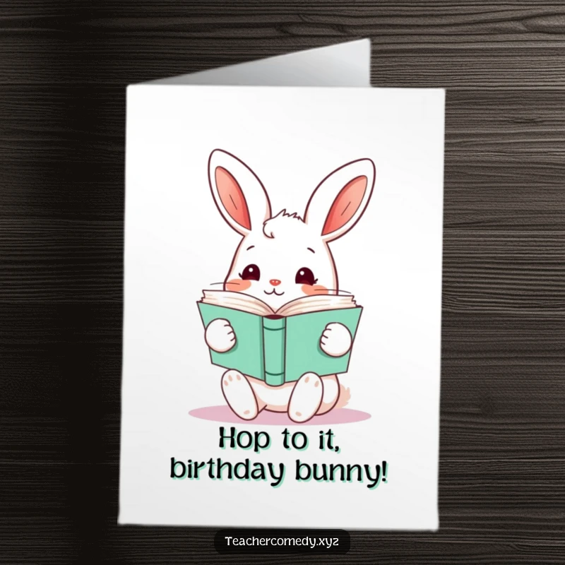 Funny Free Printable Birthday Card: A curious kawaii rabbit holds a stack of open books, wishing a happy birthday. Downloadable gift.