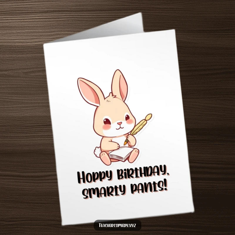 Funny Free Printable Birthday Card: A curious rabbit diligently takes notes with a quill, ready to document birthday fun.