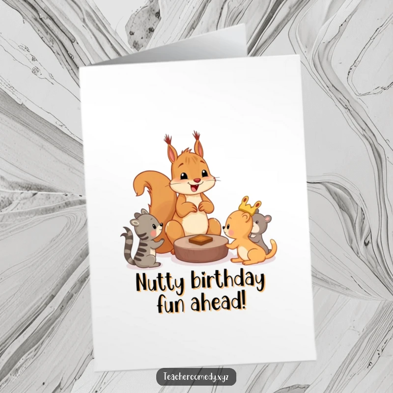 Funny Free Printable Squirrel Birthday Card: Cheerful squirrel teaches game to young animals, playful wishes.