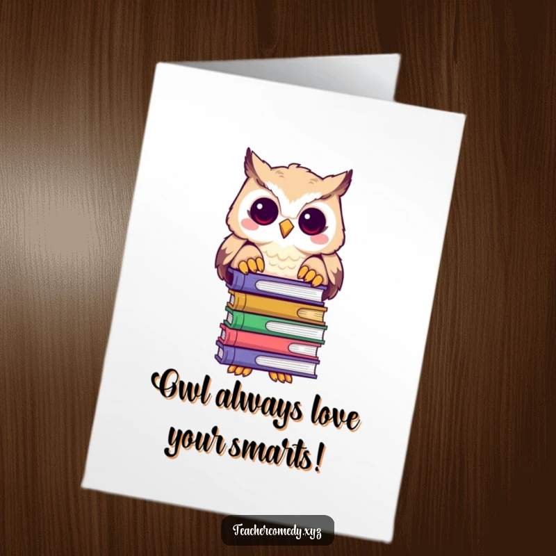 Funny Free Printable Birthday Card: A playful owl with glasses peeking over a stack of books, looking curious and wise.