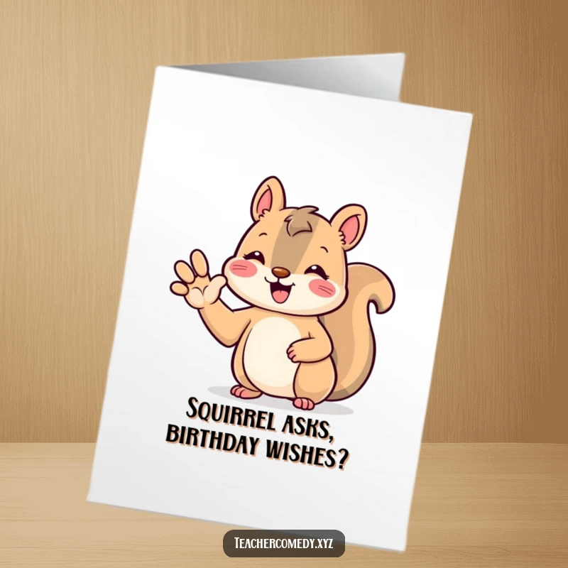 Funny free printable birthday card featuring a beaming kawaii squirrel raising its paw to answer a question with a smile.