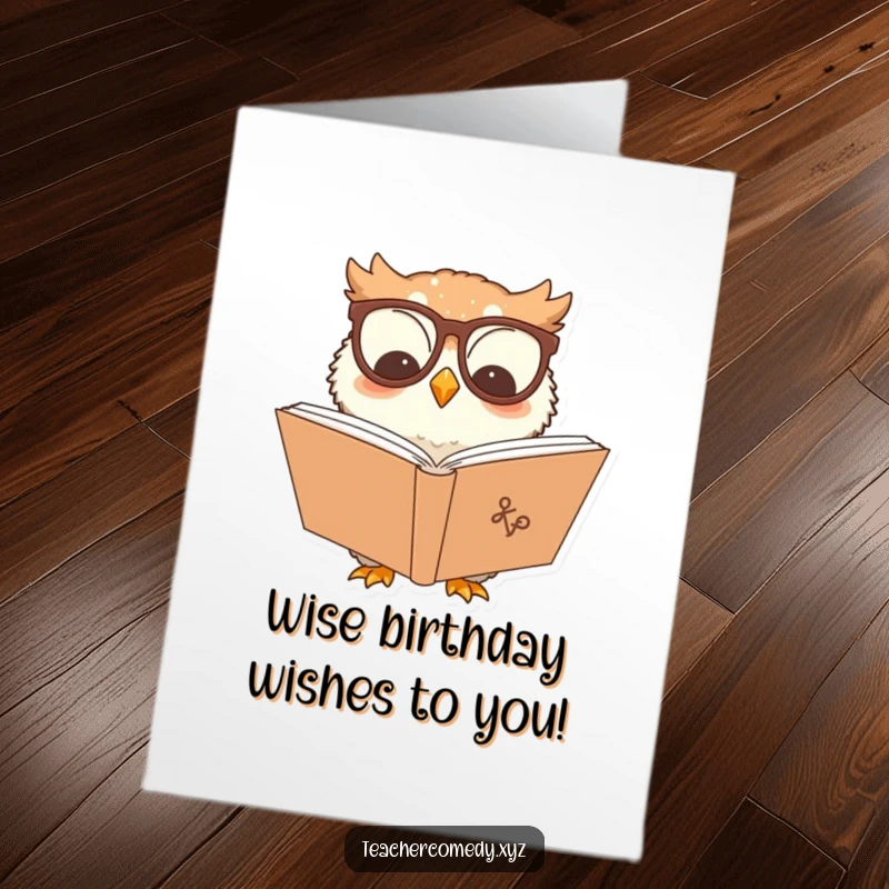 Funny Free Printable Birthday Card: A smiling owl with glasses engrossed in a large book, wishing a happy birthday.
