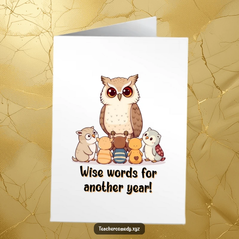 Free Printable Birthday Card: Wise owl whispers advice to attentive young forest critters, celebrating another year of growth.