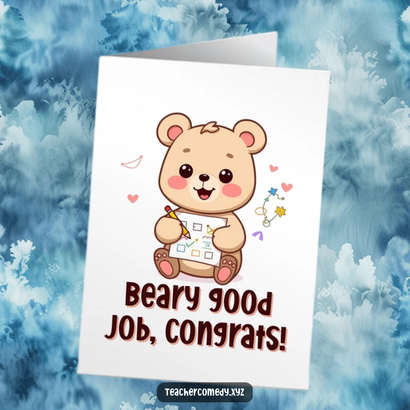 Funny free printable congratulations card featuring a happy kawaii bear illustrating a success diagram with enthusiasm.