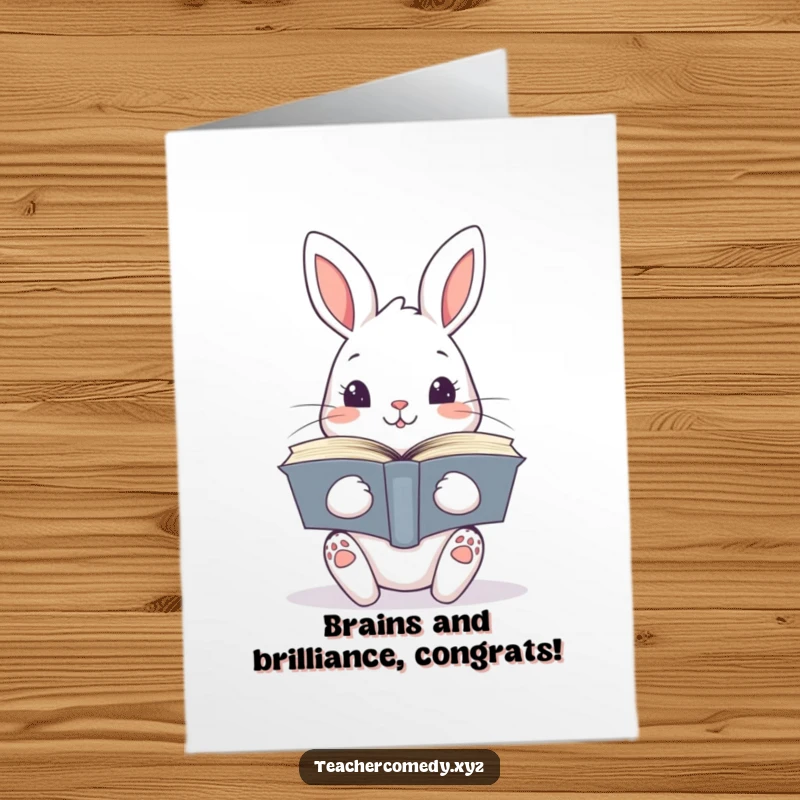 Funny Free Printable Congratulations Card: Curious kawaii rabbit with a stack of books, a smart downloadable gift.