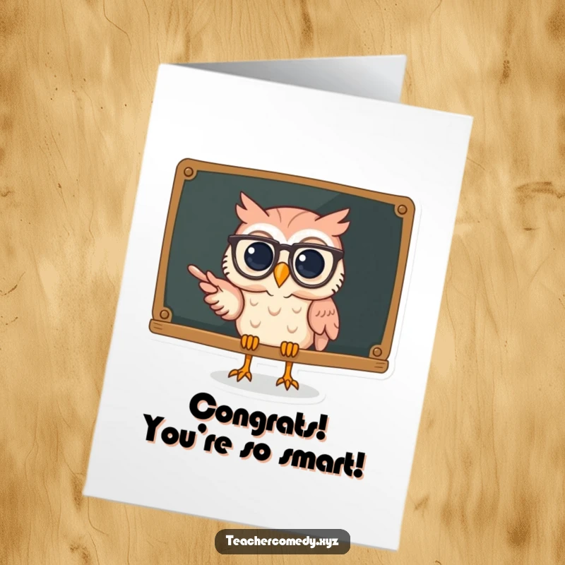 Funny Free Printable Congratulations Card: Intelligent owl with glasses highlights achievements on a chalkboard with enthusiasm.