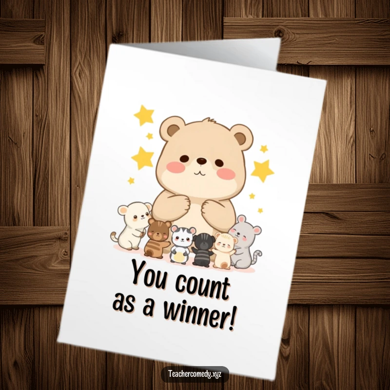 Free Printable Congratulations Card: A chubby bear cub teaches smaller animals how to count stars, celebrating achievement.