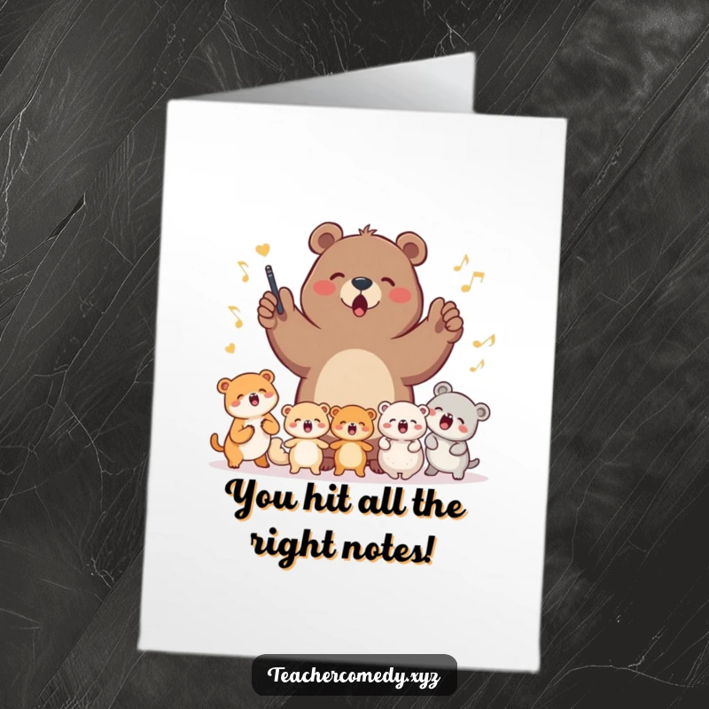 Funny Free Printable Congratulations Card: A determined bear passionately leading a group of smaller animals in a joyous song, celebrating achievement.