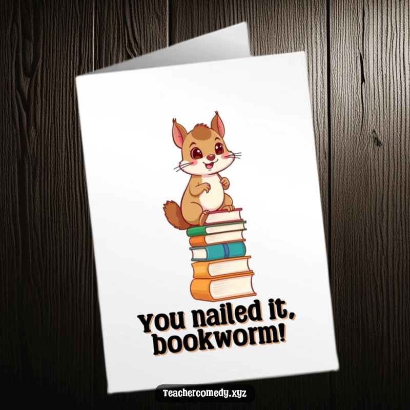 Free Printable Congratulations Card: Proud squirrel ascends a ladder crafted from books, celebrating academic or personal achievements.