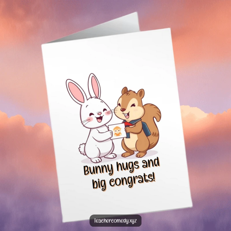 Funny Free Printable Congrats Card: Cheerful bunny giving a sticker to a proud student squirrel celebrating success.