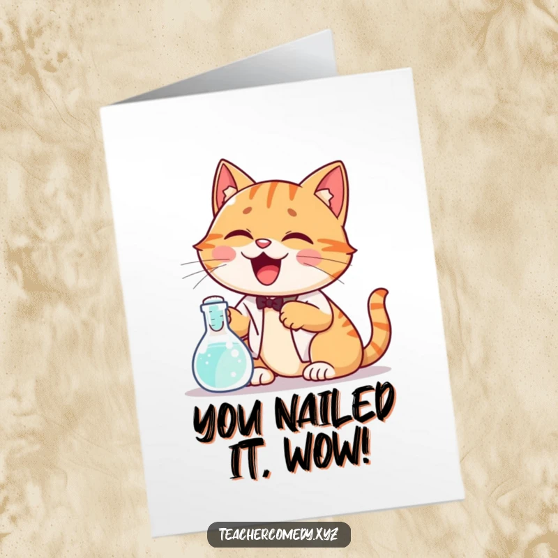 Funny Free Printable Congrats Card: Giggling cat performing a science experiment, celebrating a successful discovery.