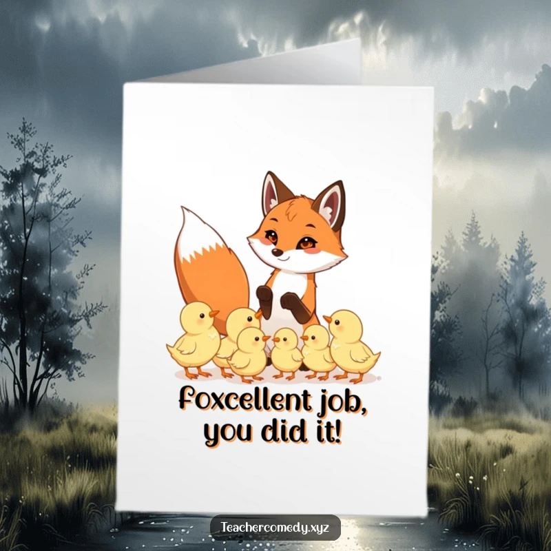 Funny Free Printable Congrats Card: Playful fox teaching eager chicks, celebrating a successful lesson learned.