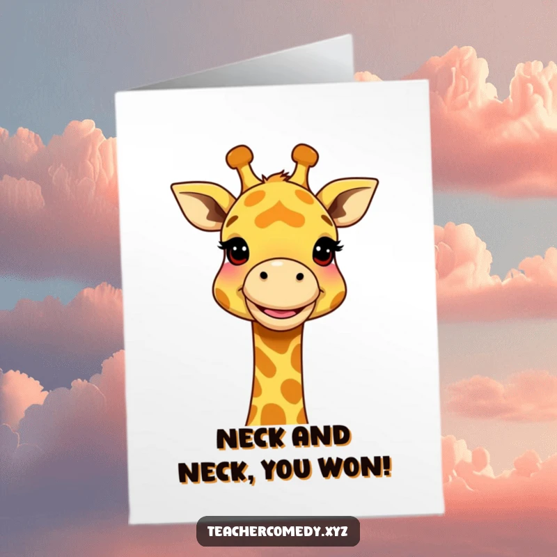 Funny Free Printable Congratulations Card: Tall giraffe joyfully illustrates a grand concept using its impressively long neck.