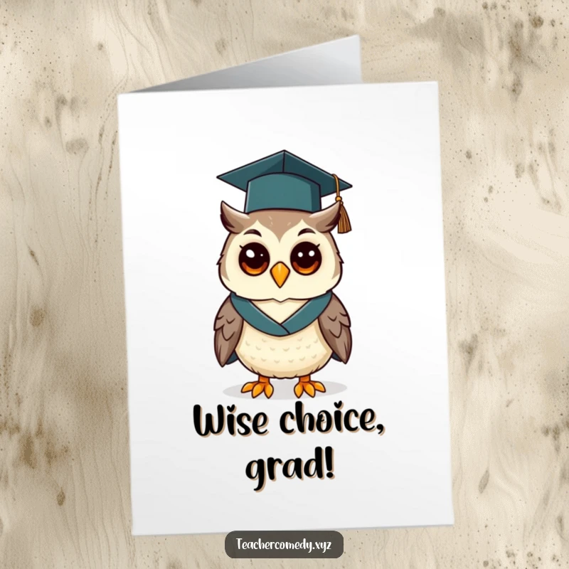 Funny Free Printable Congrats Card: Cheerful owl wears graduation cap and gown, celebrating graduation.