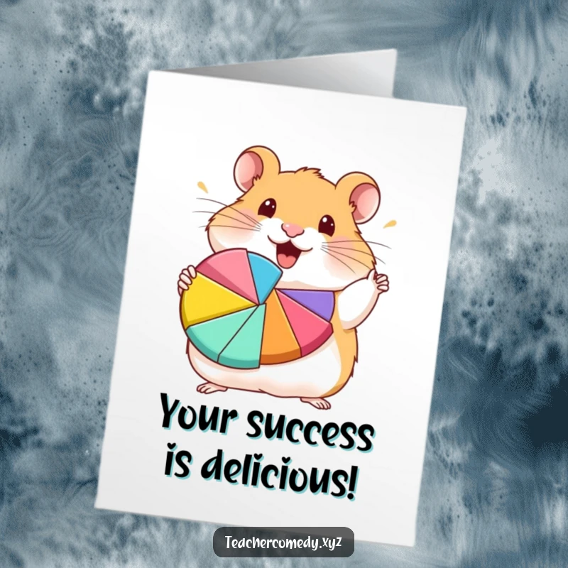 Funny Free Printable Congrats Card: A happy hamster presents a colorful pie chart, celebrating a great success.