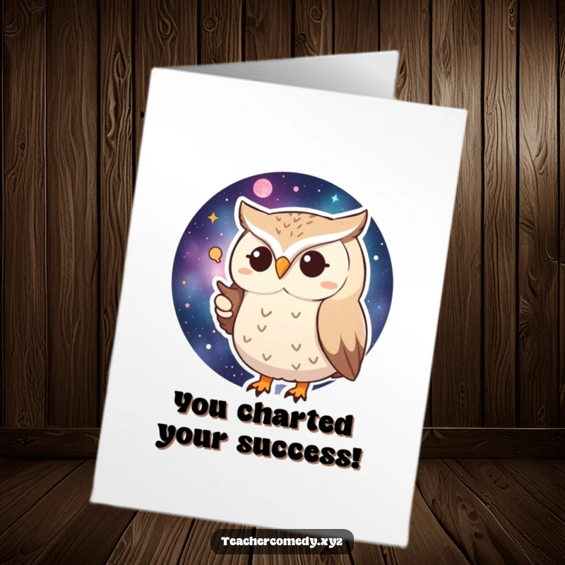 Funny Free Printable Congrats Card: Huffy owl proudly points to a distant star on a galactic map, celebrating success.