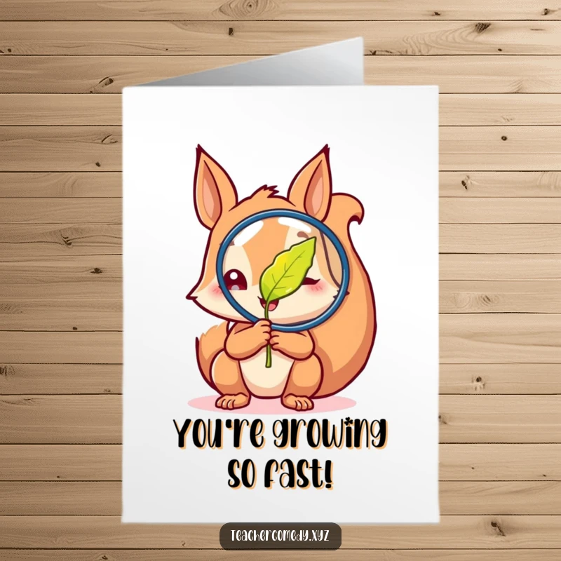 Funny Free Printable Congrats Card: Squirrel gleefully examining a leaf under a magnifying glass, nature illustration, perfect downloadable congratulations art.