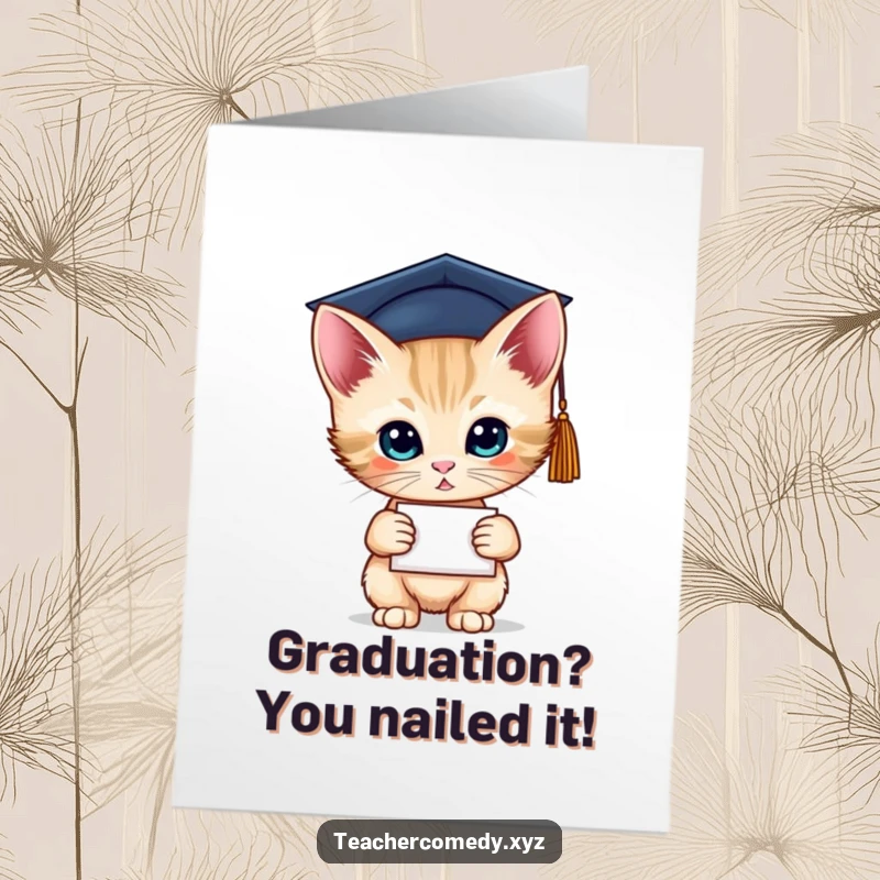 Funny Free Printable Congratulations Card of a curious kitten wearing a graduation cap and holding a diploma, celebrating success.