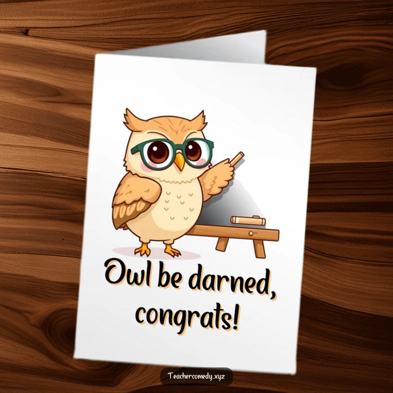 Funny Free Printable Congratulations Card: A kawaii owl wearing spectacles points to a chalkboard, celebrating a smart achievement. Downloadable.