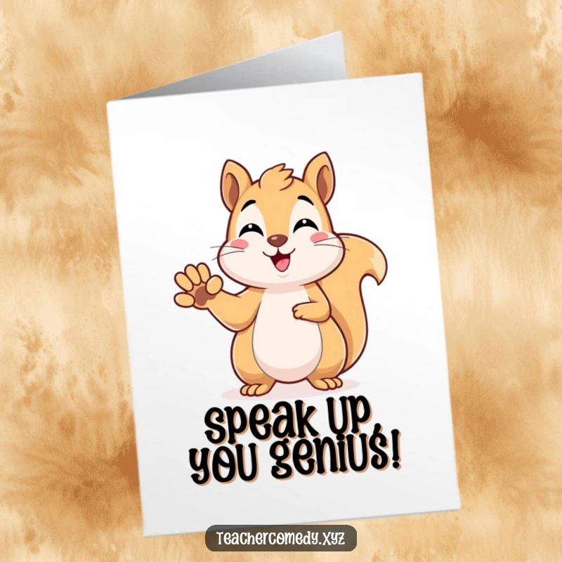 Funny Free Printable Congratulations Card: Beaming kawaii squirrel raising its paw, representing smarts and success.